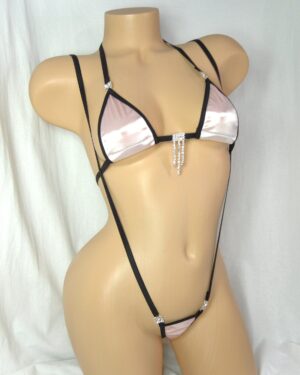 Micro Slingshot Bikini w/RHINESTONES! Light Pink Satin with Black Trim S/M