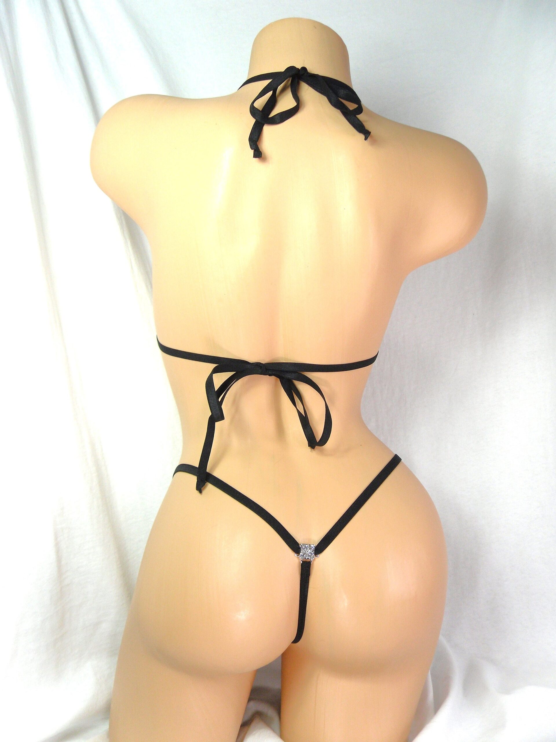 Micro G-String Bikini-Hot Pink Holographic Plaid with Velvet and Glitter-Black Trim w/RHINESTONES!- S/M - Image 3
