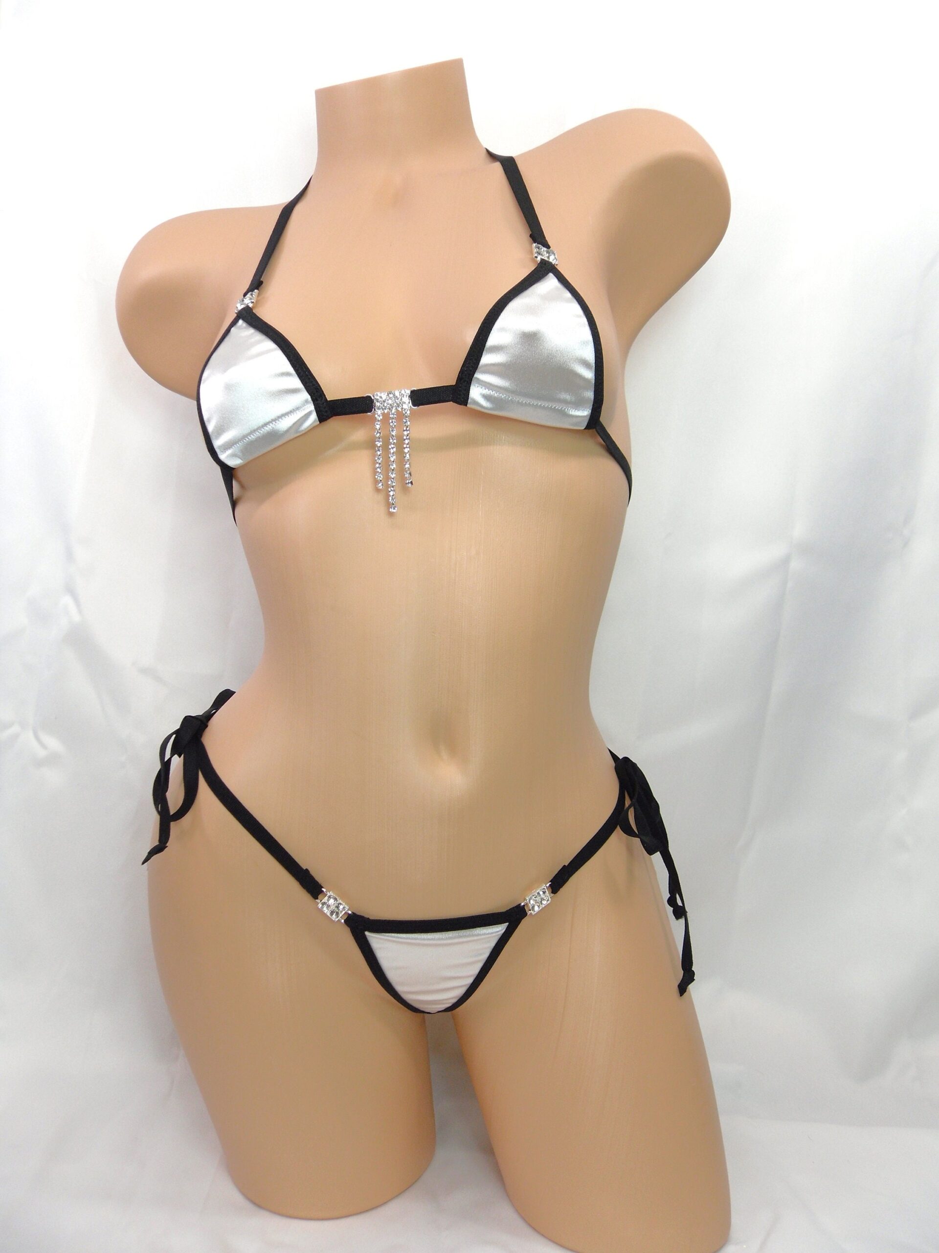 Mini Micro Bikini with RHINESTONES! -Choice of G-String Bottom-White Satin with Black Trim S/M - Image 2