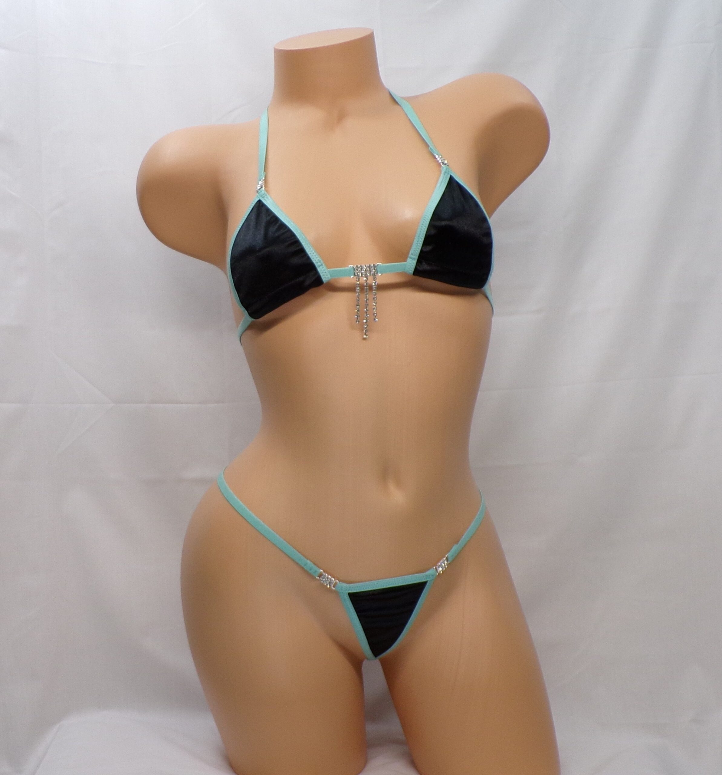 Micro G-String Bikini with RHINESTONES! Black Satin trimmed in Turquoise S/M - Image 2