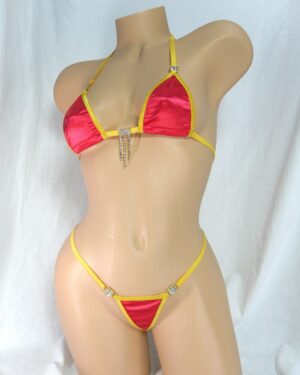 Micro Bikini with RHINESTONES! Red Satin with gold trim S/M