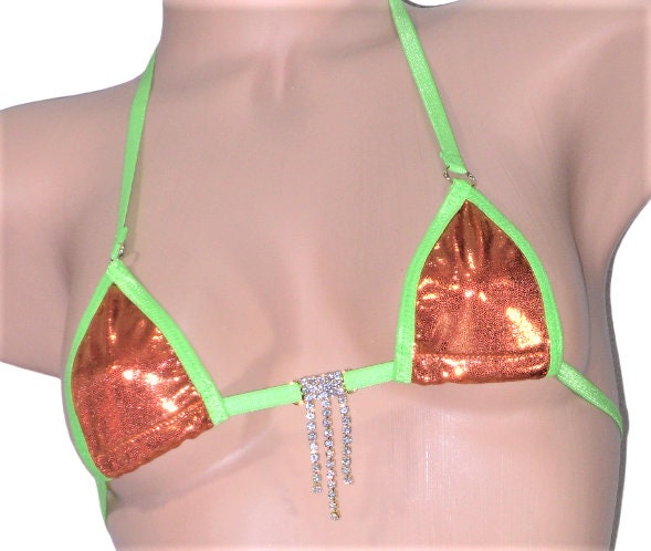 Mini Micro G-String Bikini-Choice of Bottom-Burnt Orange Mystique trimmed in Green with a Rhinestones- S/M - Image 2