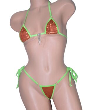 Mini Micro G-String Bikini-Choice of Bottom-Burnt Orange Mystique trimmed in Green with a Rhinestones- S/M