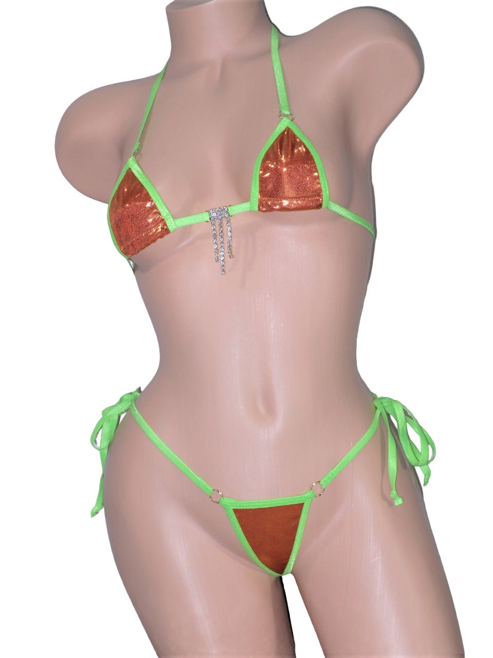 Mini Micro G-String Bikini-Choice of Bottom-Burnt Orange Mystique trimmed in Green with a Rhinestones- S/M