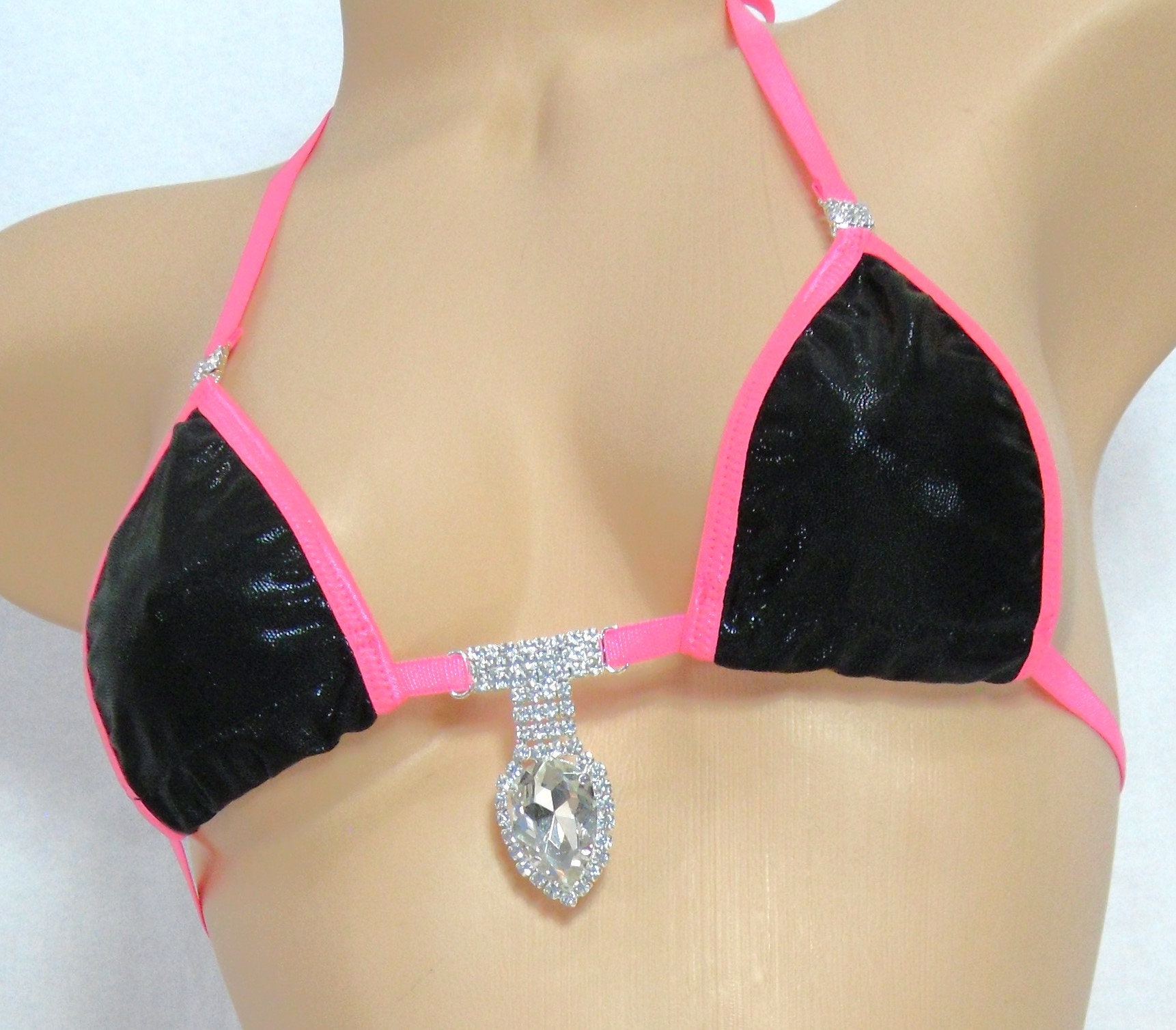 Micro G-String Bikini with RHINESTONES! Black Mystique trimmed in Pink S/M - Image 2