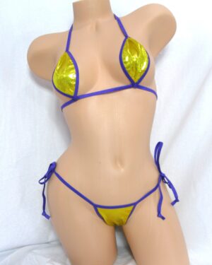 Micro Scrunch Butt Bikini with Tear Drop top-Yellow Gold Mystique-Purple Trim-S/M