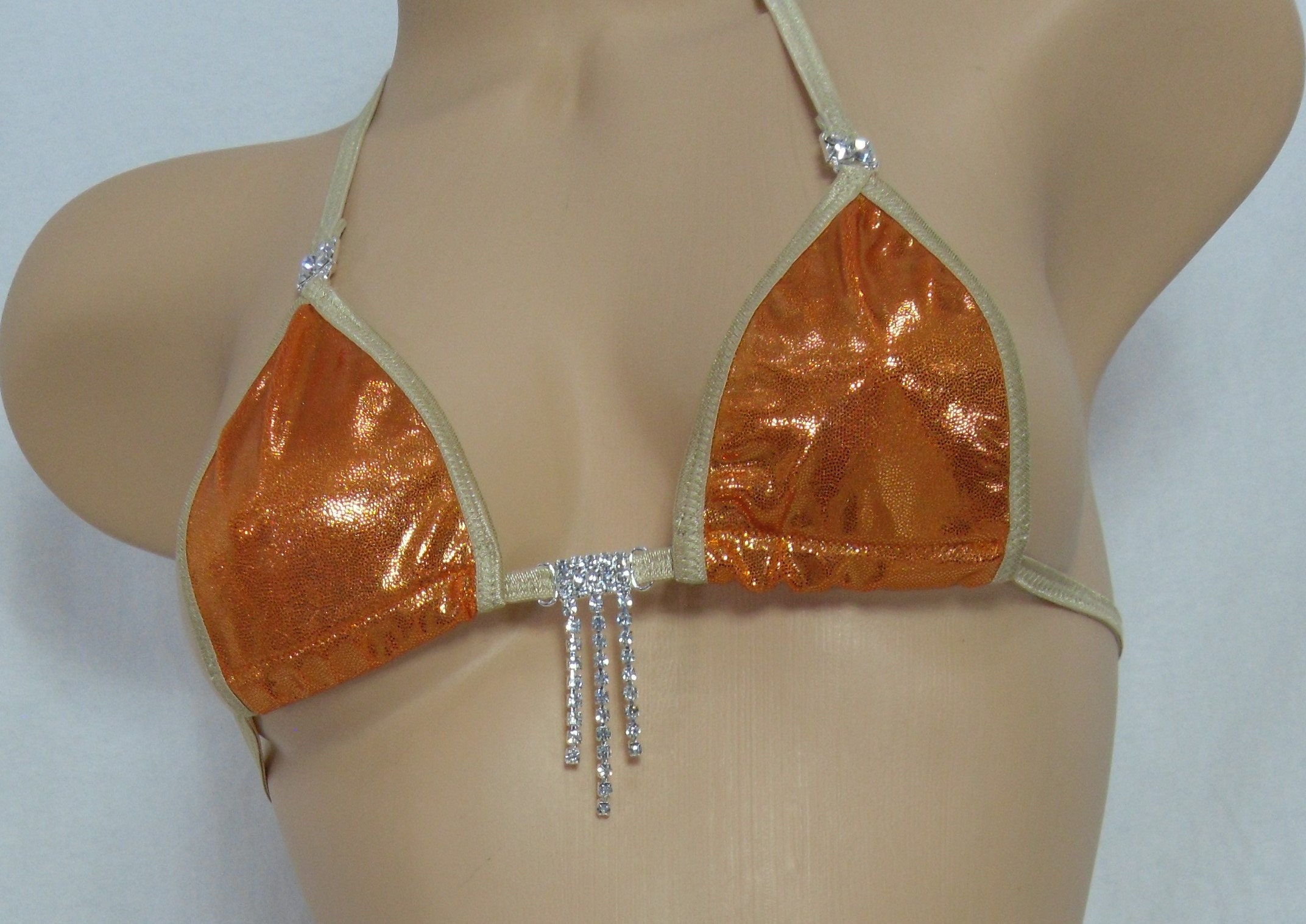 Micro G-String Bikini with RHINESTONES! Burnt Orange Mystique trimmed in Tan-S/M - Image 3