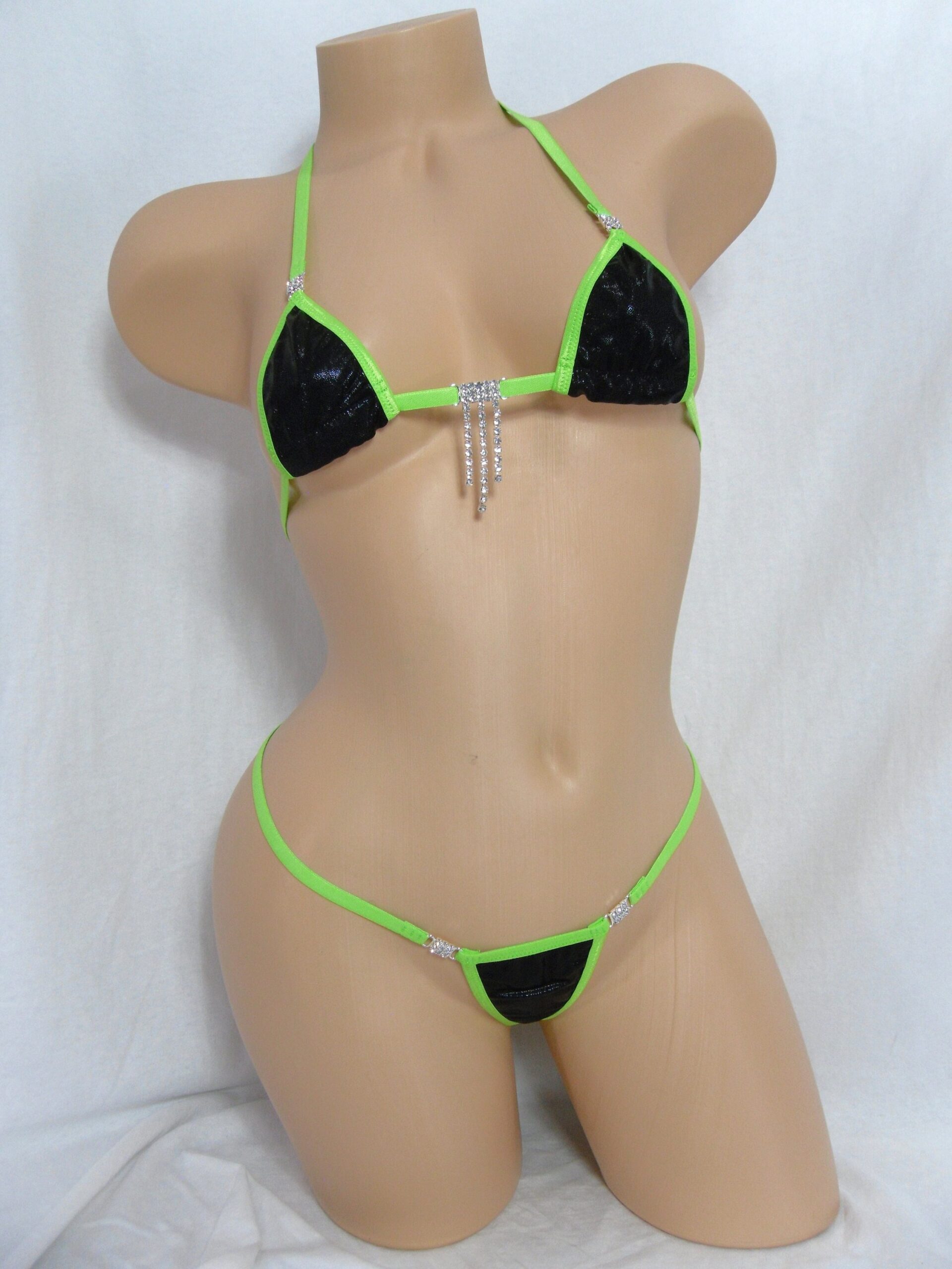 Mini Micro G-String Bikini with RHINESTONES! Black Mystique trimmed in Green S/M