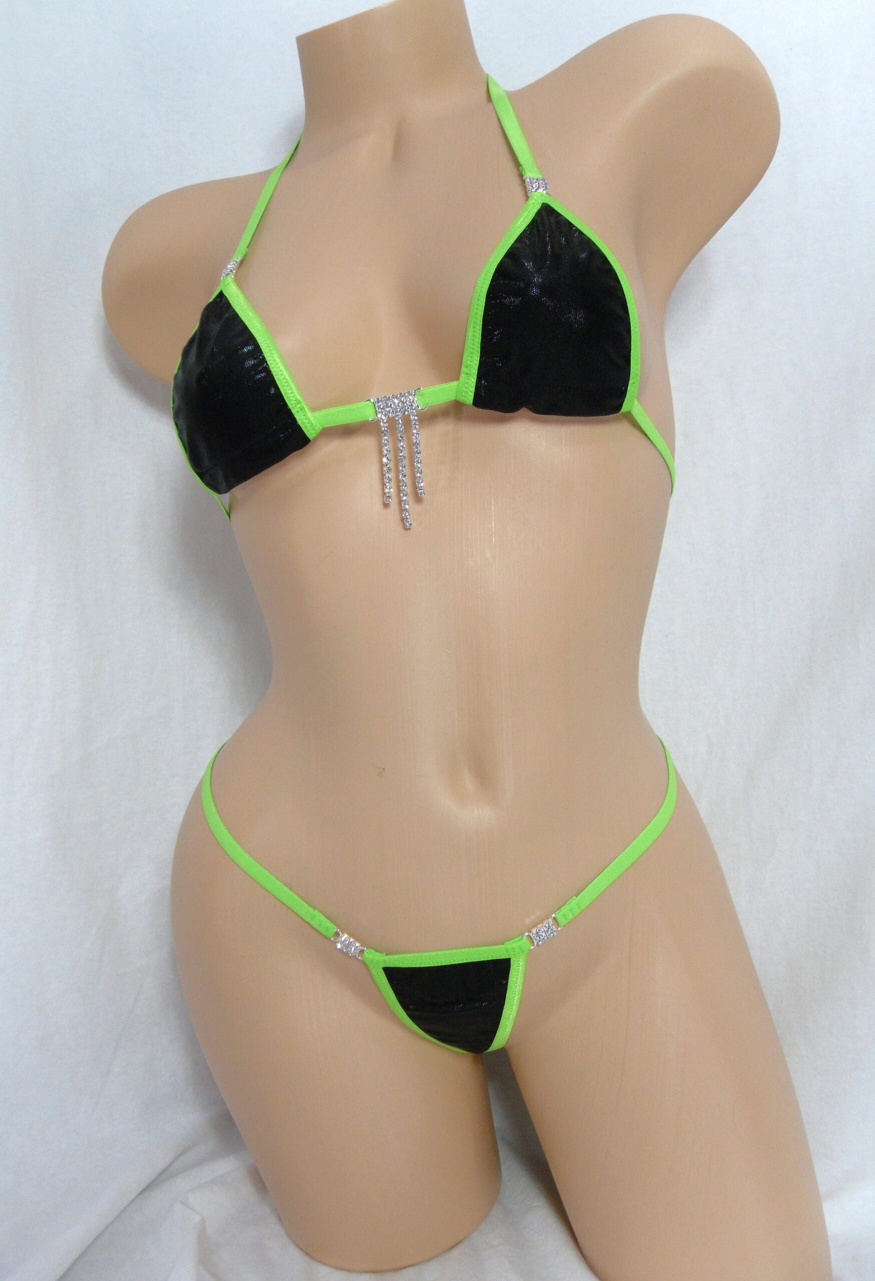Micro G-String Bikini with RHINESTONES! Black Mystique trimmed in Green S/M - Image 2
