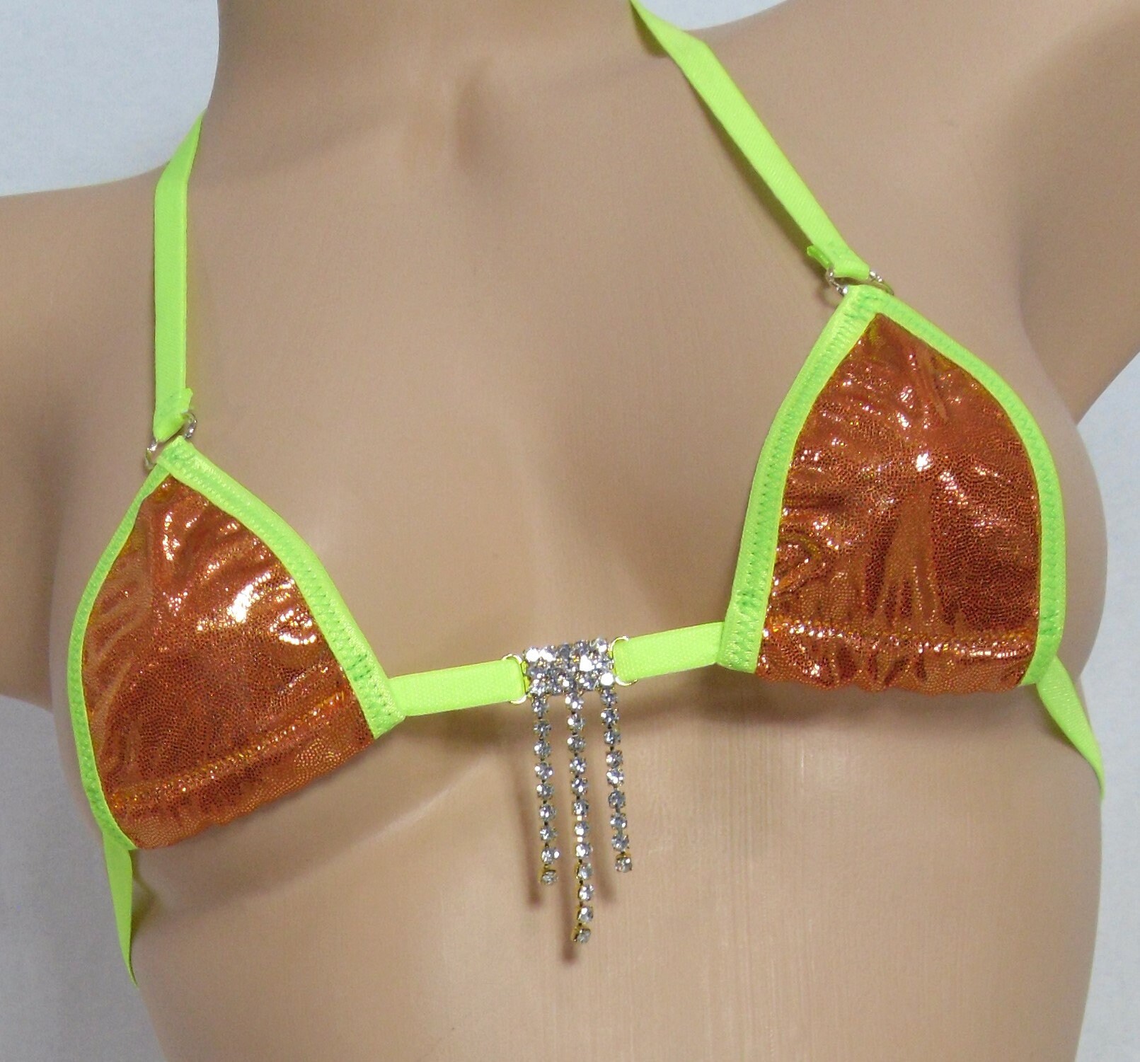 Mini Micro G-String Bikini-Burnt Orange Mystique trimmed in Neon Green with a Rhinestones- S/M - Image 2