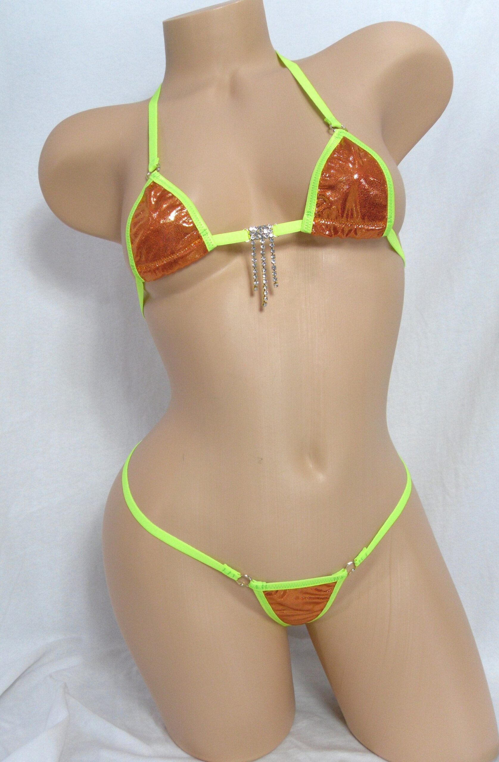 Mini Micro G-String Bikini-Burnt Orange Mystique trimmed in Neon Green with a Rhinestones- S/M