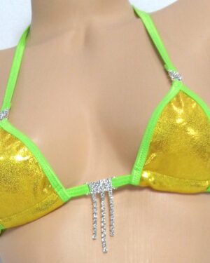 Mini Micro G-String Bikini w/Rhinestones- Yellow Gold Mystique trimmed in Green -  S/M