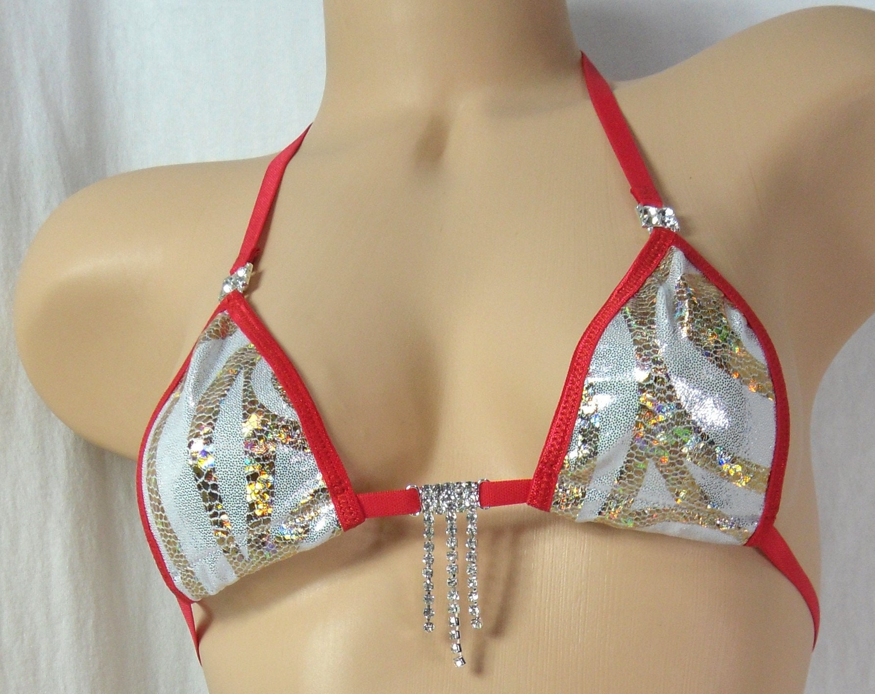 Micro Bikini w/Rhinestones!-Choice of bottom- Gold Paisley Holographic Foil on White/Silver Mystique-Trimmed in Red- S/M - Image 2