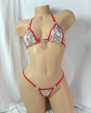 Micro Bikini w/Rhinestones!-Choice of bottom- Gold Paisley Holographic Foil on White/Silver Mystique-Trimmed in Red- S/M