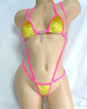 Mini Micro Slingshot G-String Combo- Yellow/Gold Holographic Velvet-Hot Pink Trim-S/M