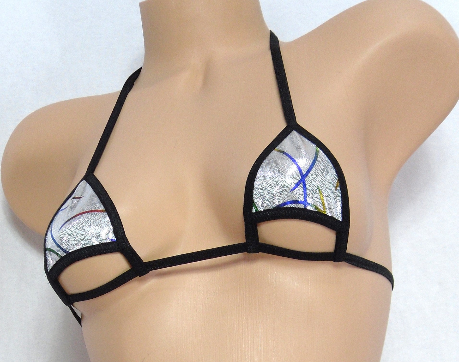 Peak a Boo G-string Bikini- White/Silver Mystique with Rainbow Ribbons trimmed in black S/M