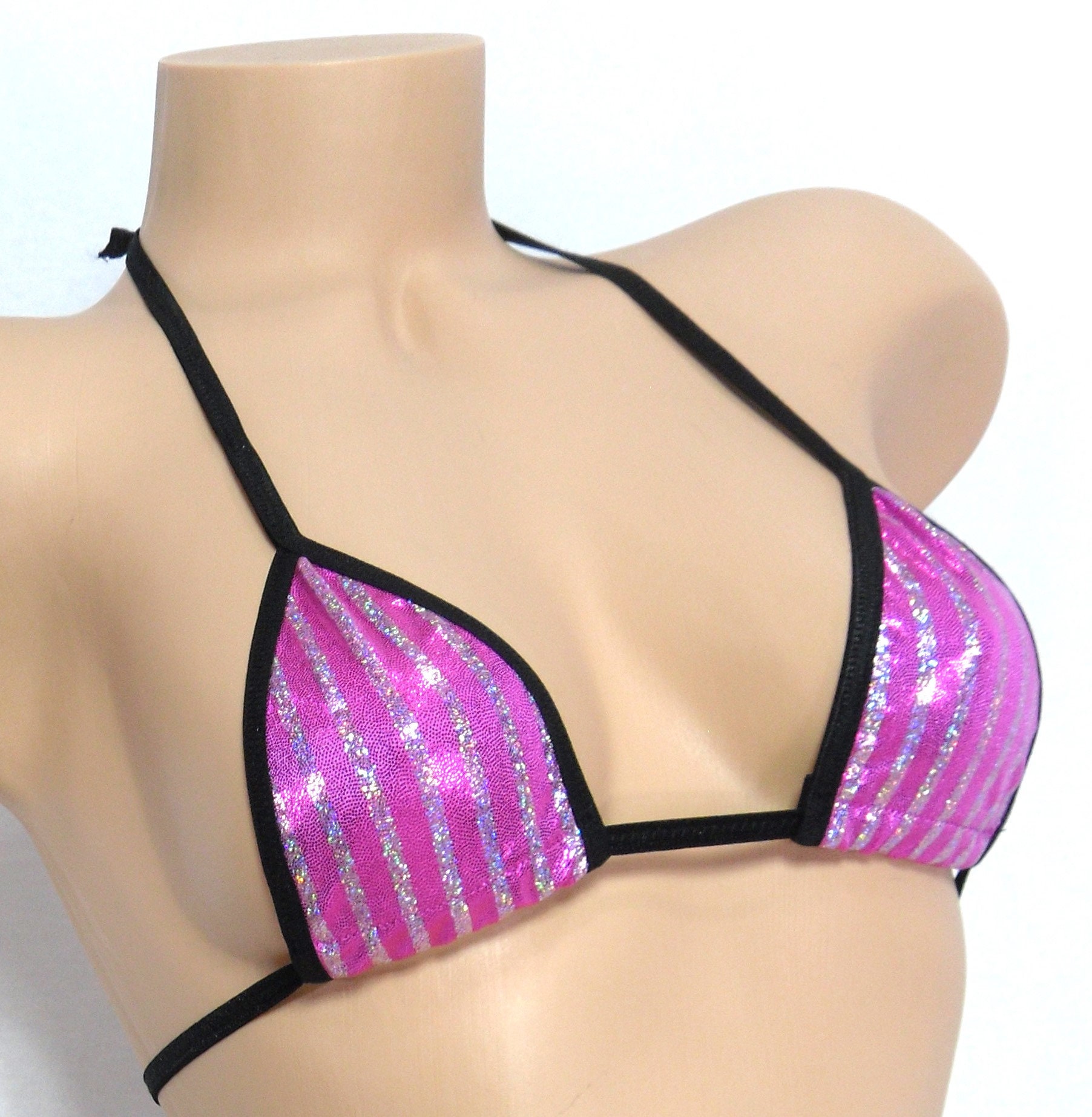 Micro Side Tie G-String- Hot Pink and Silver Stripe Mystique-Black Trim- S/M