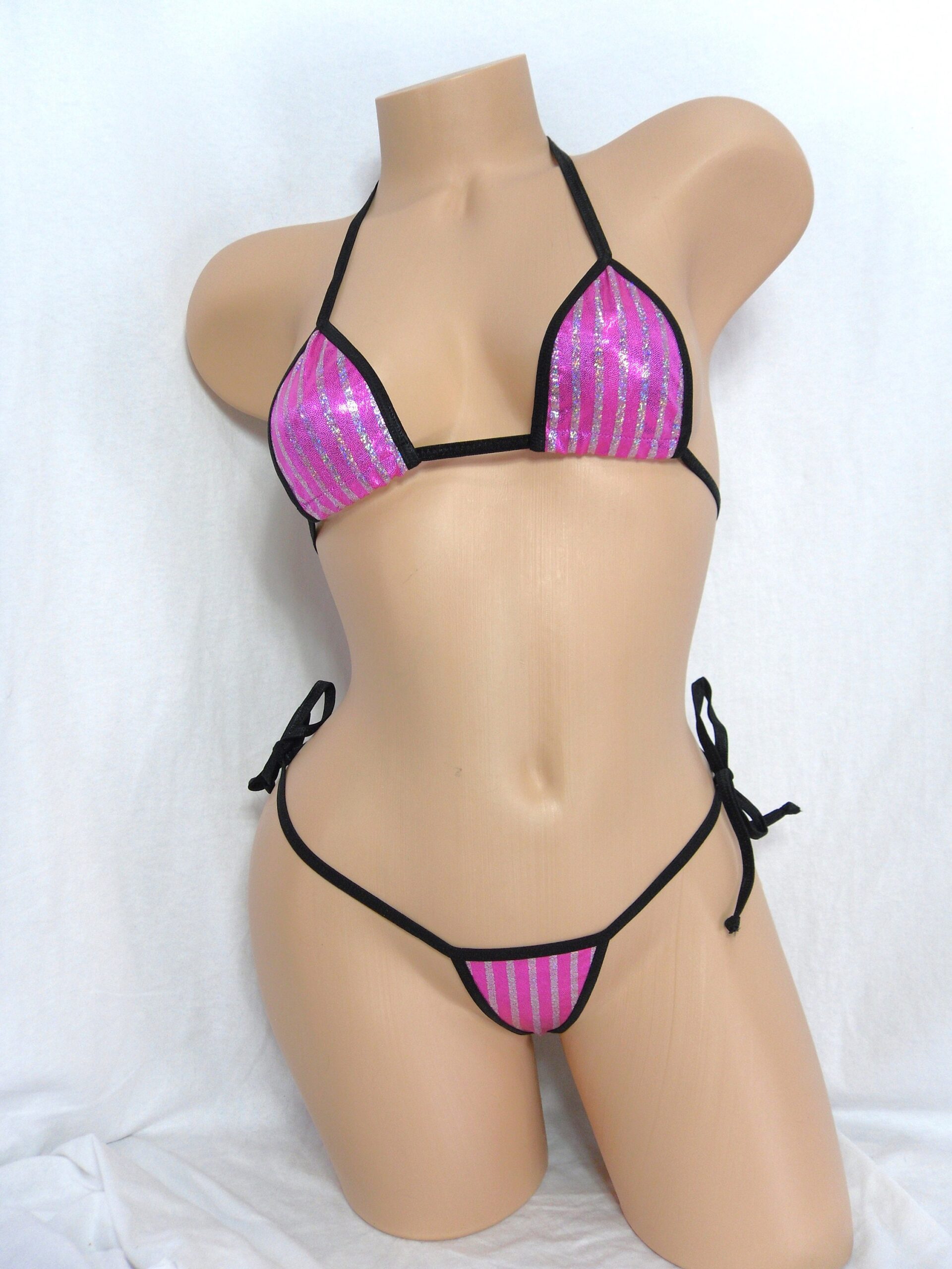 Micro Side Tie G-String- Hot Pink and Silver Stripe Mystique-Black Trim- S/M - Image 2