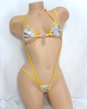 Mini Micro Slingshot G-String Combo- Gold Paisley Holographic Foil on White/Silver Mystique-Trimmed in Gold- S/M