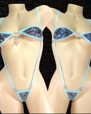 Bandeau Bikini w/Slingshot with RHINESTONES!  Silver Shattered Glass Holographic on Black with Turquoise trim S/M