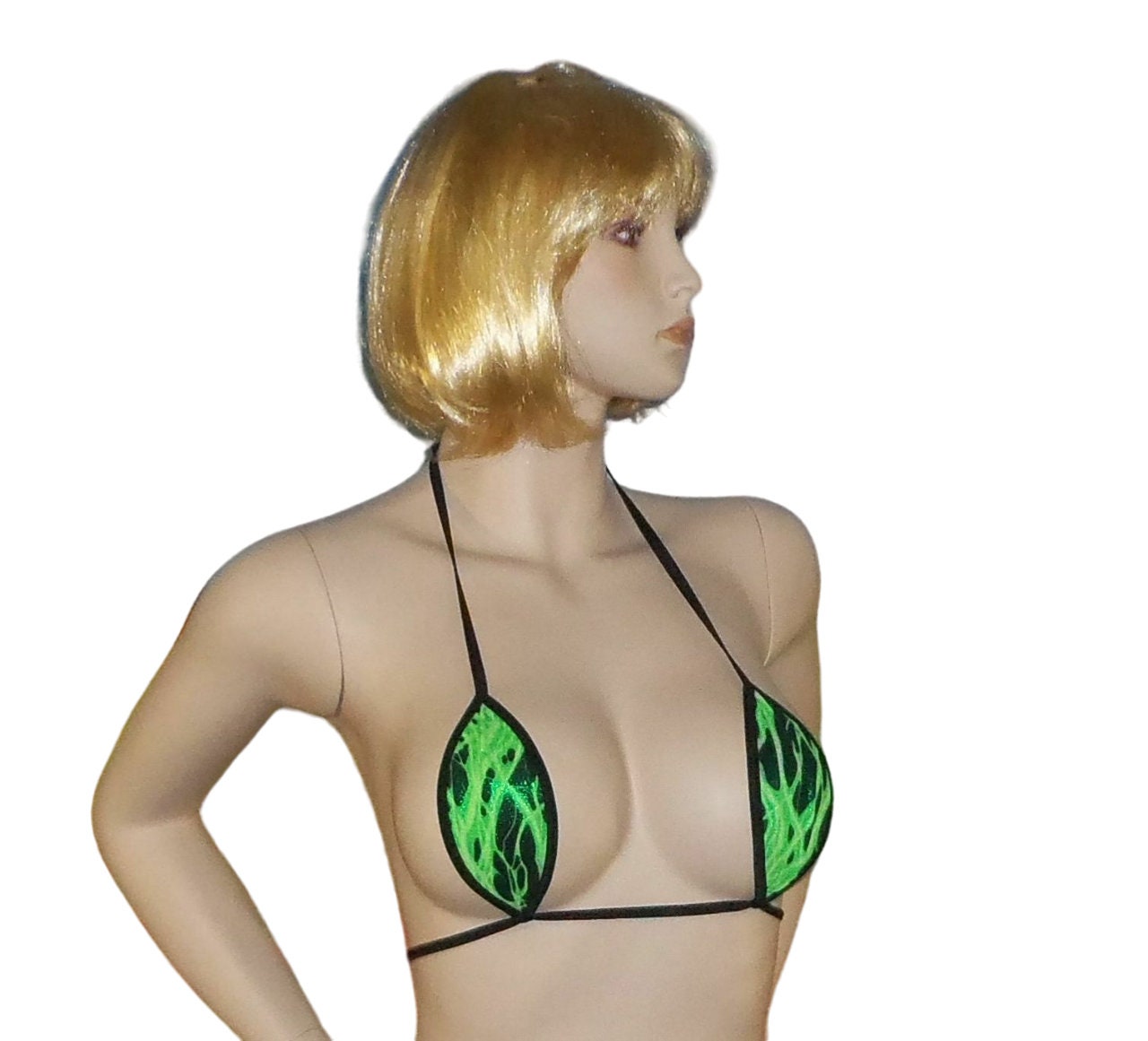 Micro Tear Drop G-String Bikini-Metallic Green Lightning-Black Trim-S/M