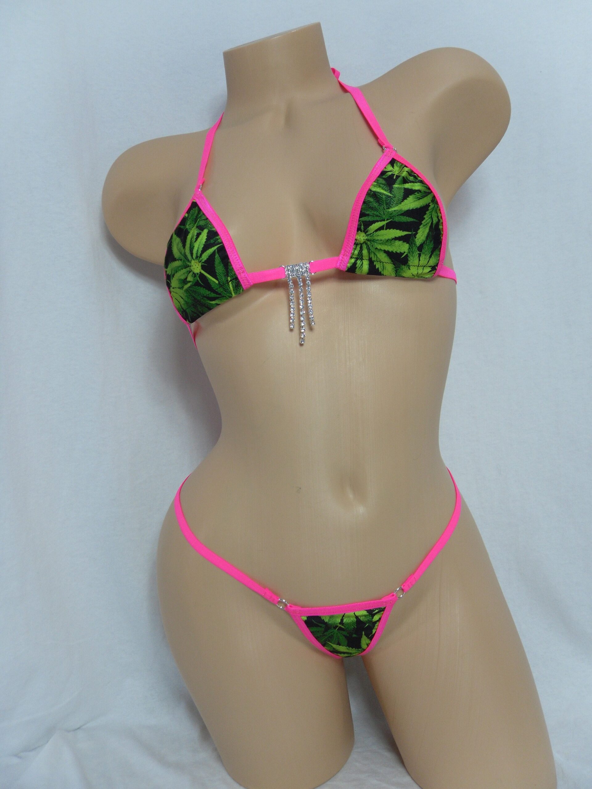 Y-Back Thong with Micro Top- Pot Leaf -Hot Pink Trim-Rhinestones-S/M - Image 2