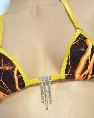 Metallic Orange Lightning-Gold Trim- Mini Micro Bikini w/Center Rhinestone -Choice of Bottom-S/M