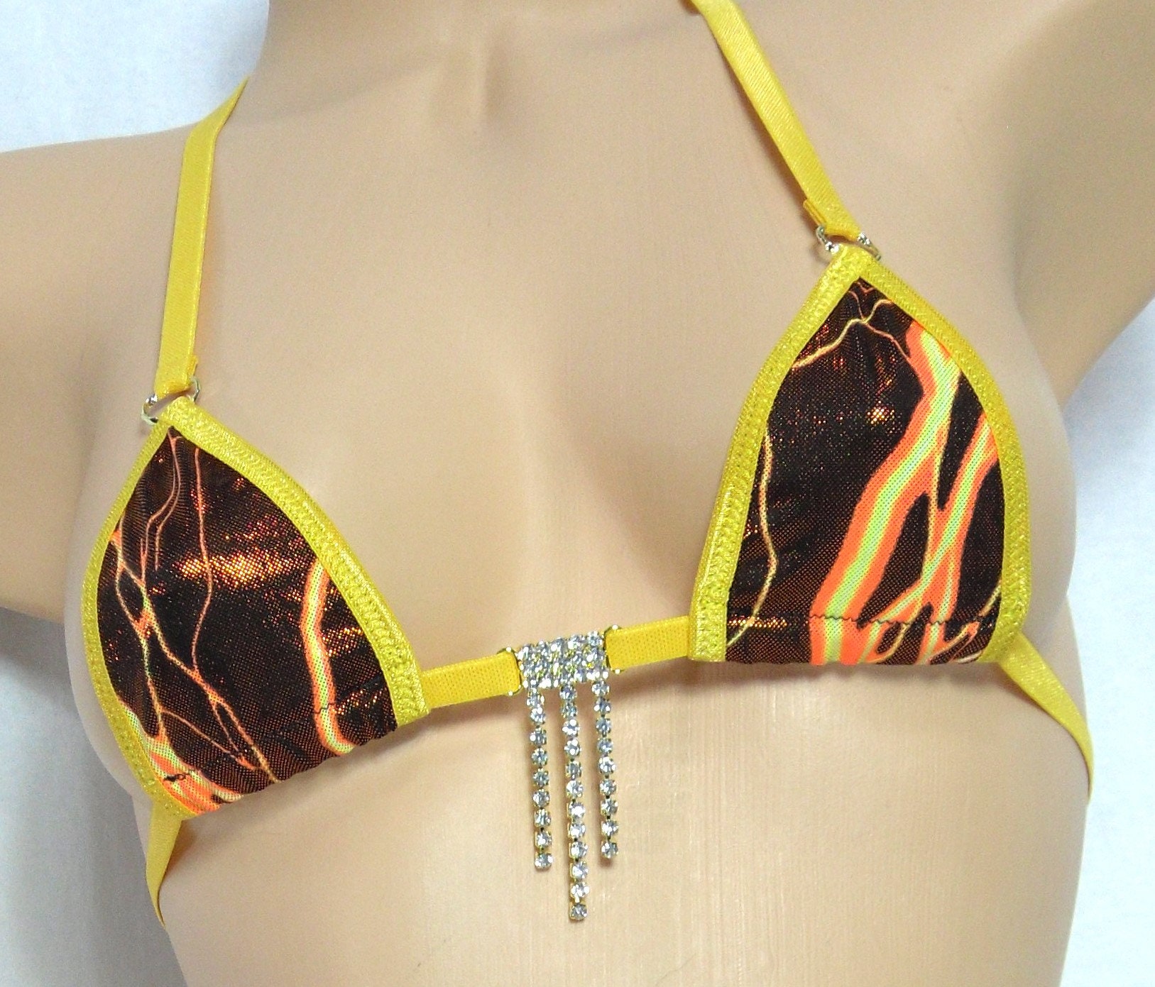 Metallic Orange Lightning-Gold Trim- Mini Micro Bikini w/Center Rhinestone -Choice of Bottom-S/M