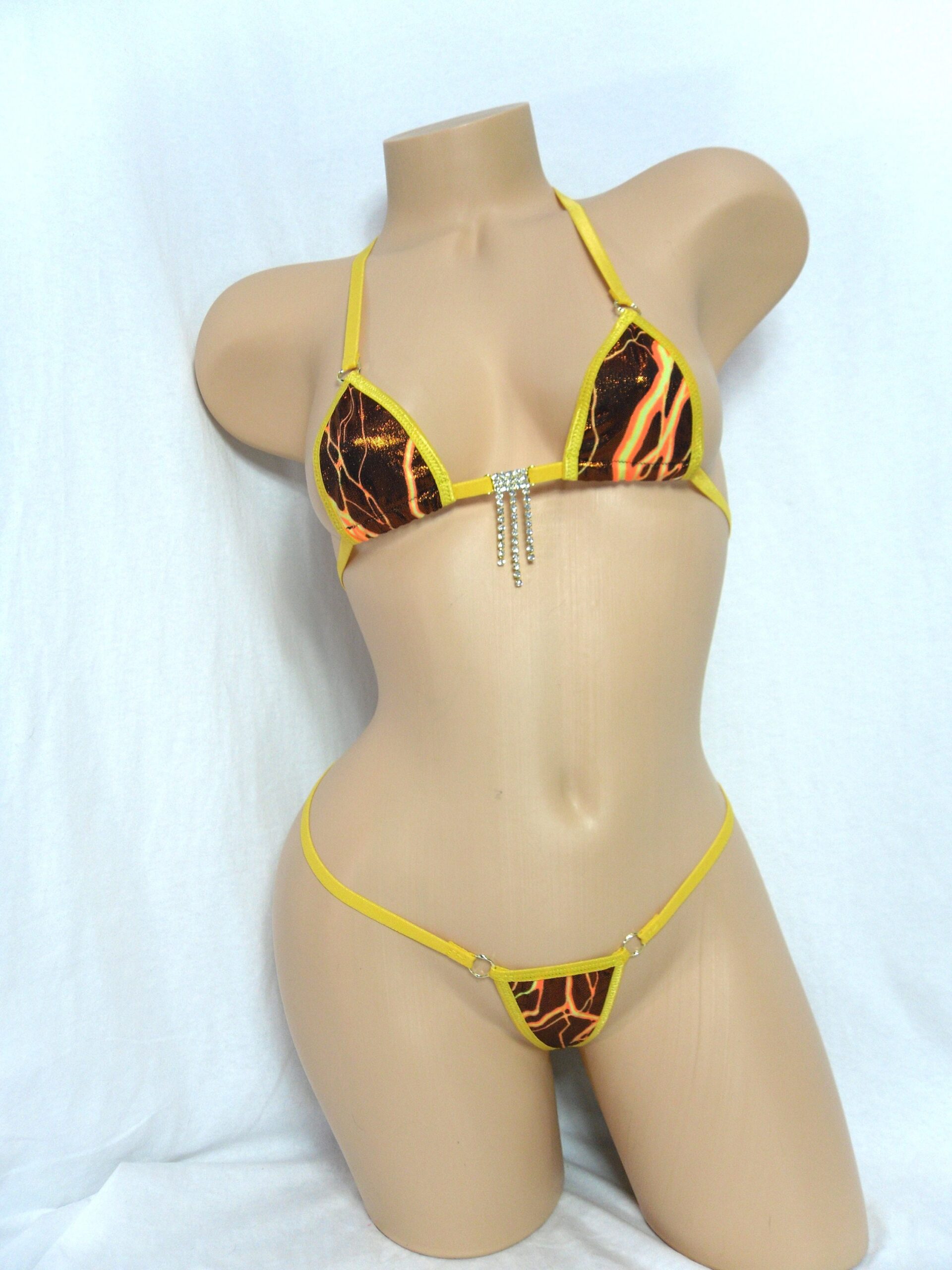 Metallic Orange Lightning-Gold Trim- Mini Micro Bikini w/Center Rhinestone -Choice of Bottom-S/M - Image 3