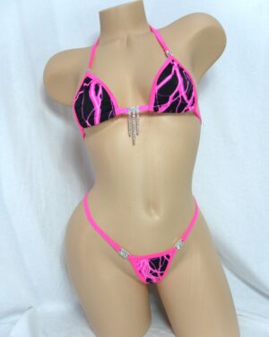 Micro Bikini w/RHINESTONES! Choice of G-string- Hot Pink Lightning with pink trim S/M