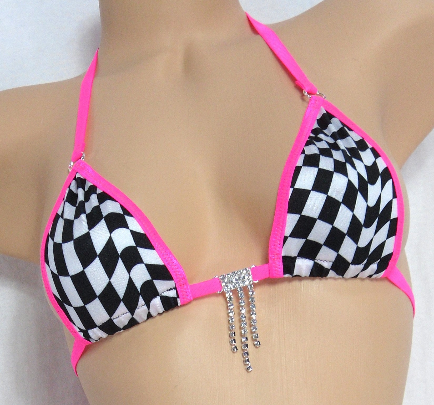 Micro G-Sting Bikini - Black & White Wonky Checkers-Hot Pink Trim-S/M