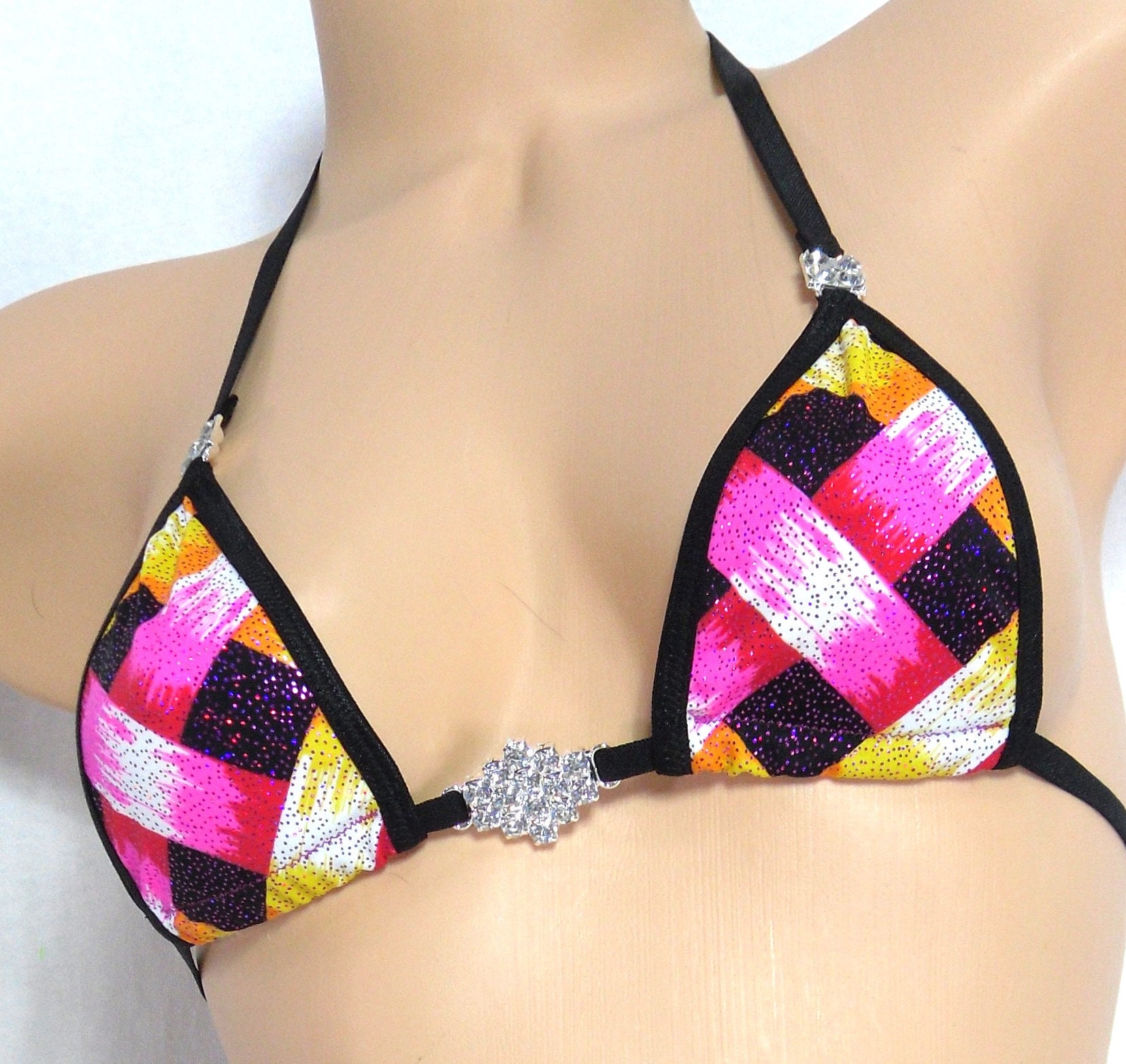 Sexy Micro Bikini with RHINESTONES! Pink, Purple and Gold Basket Weave with Black Trim - Image 4