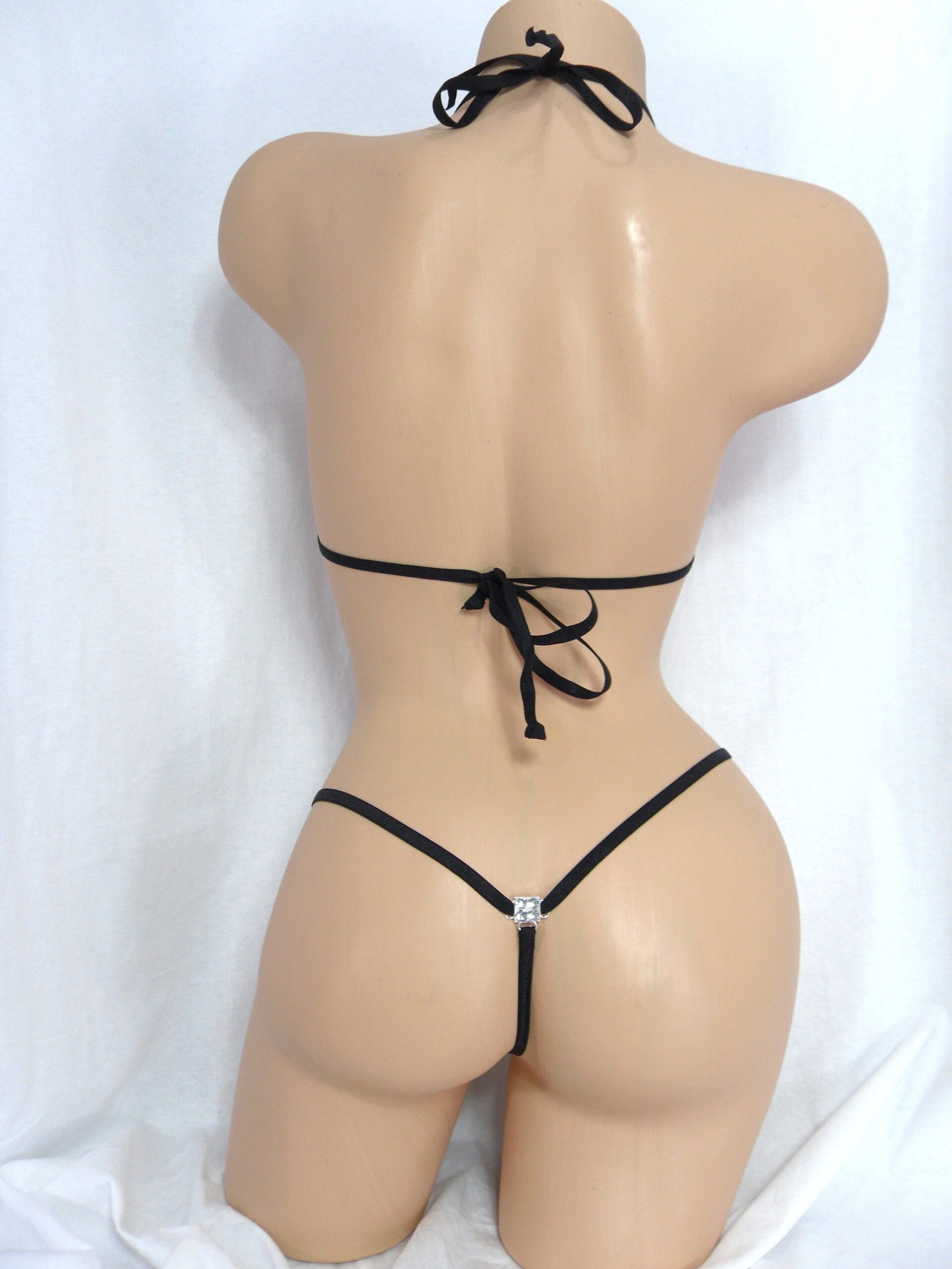 Princess G-String Bikini with RHINESTONES! Pink, Purple and Gold Basket Weave with Black Trim-S/M - Image 3