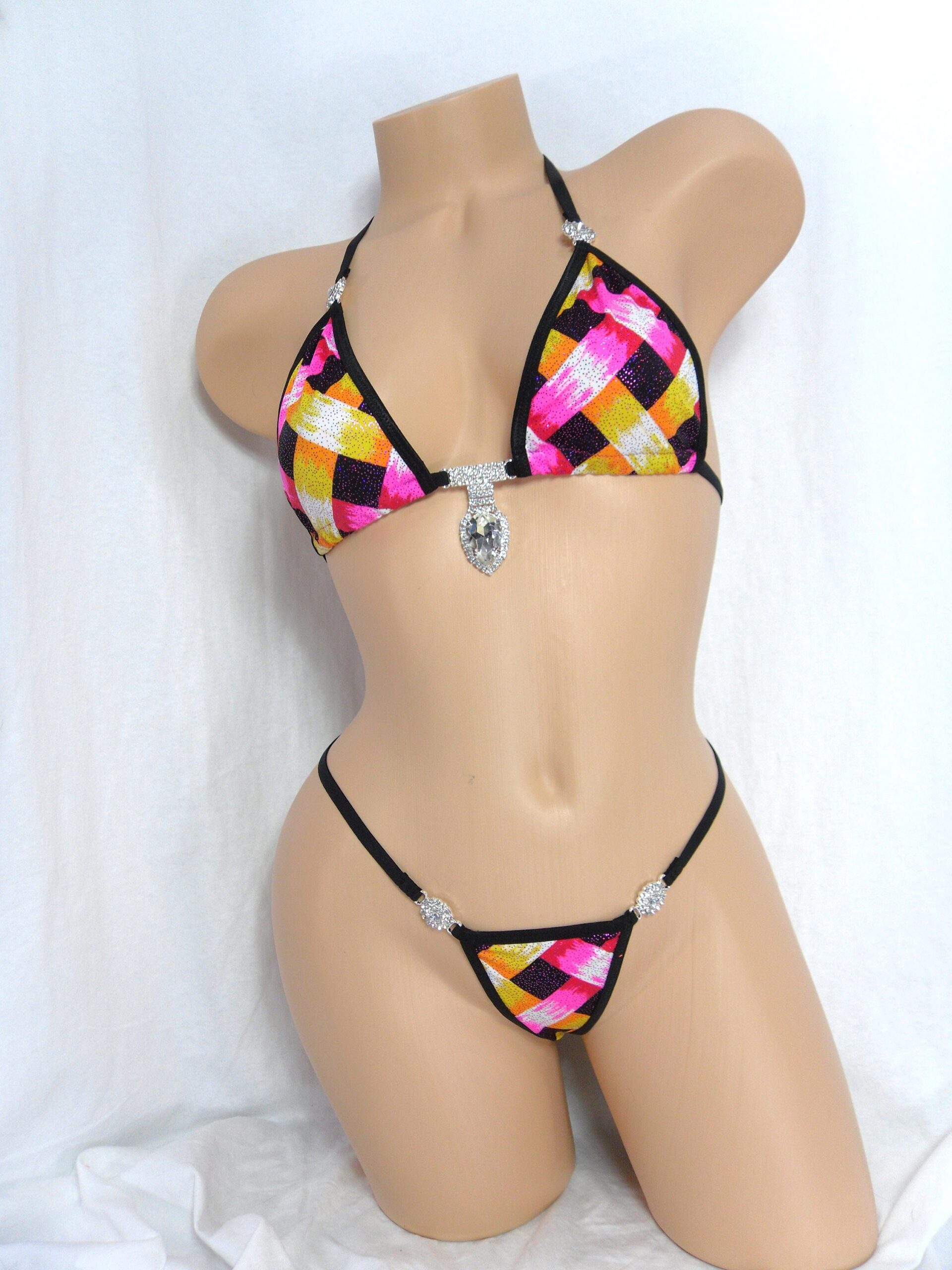 Princess G-String Bikini with RHINESTONES! Pink, Purple and Gold Basket Weave with Black Trim-S/M - Image 2