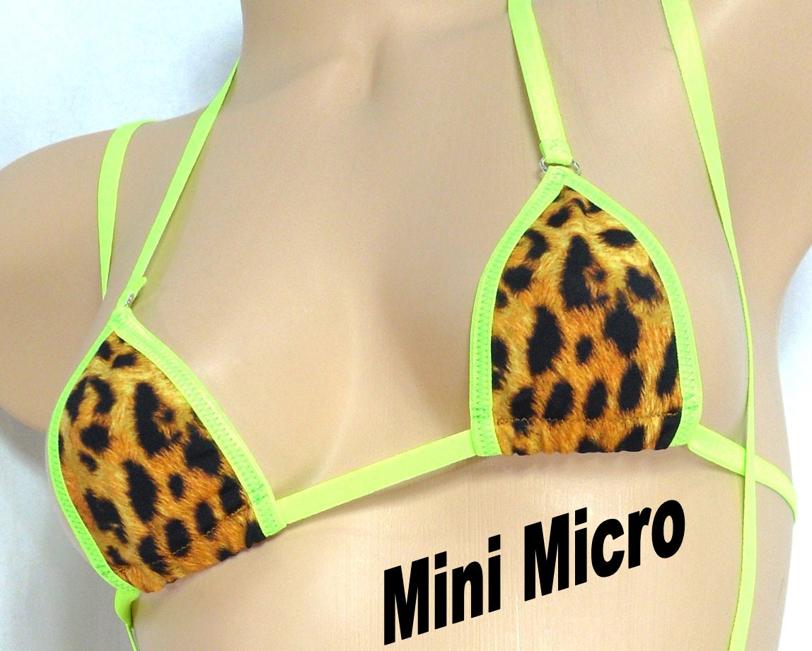 Slingshot Bikini w/CHOICE of top- Cheetah print- Neon Green Trim-S/M - Image 3