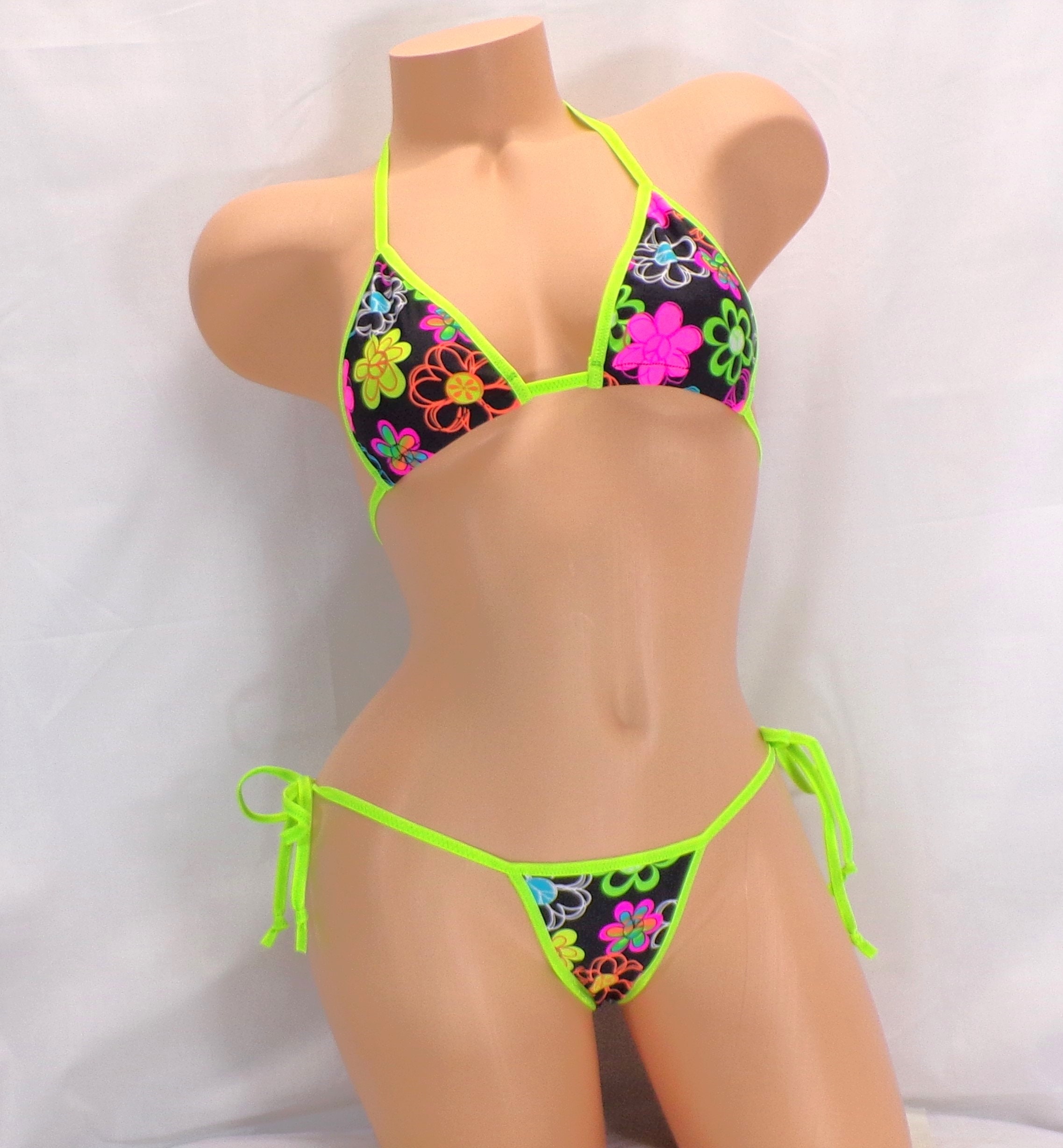 Micro Scrunch Butt w/Choice of Top-Wild Neon Daisies- Neon Green Trim-S/M