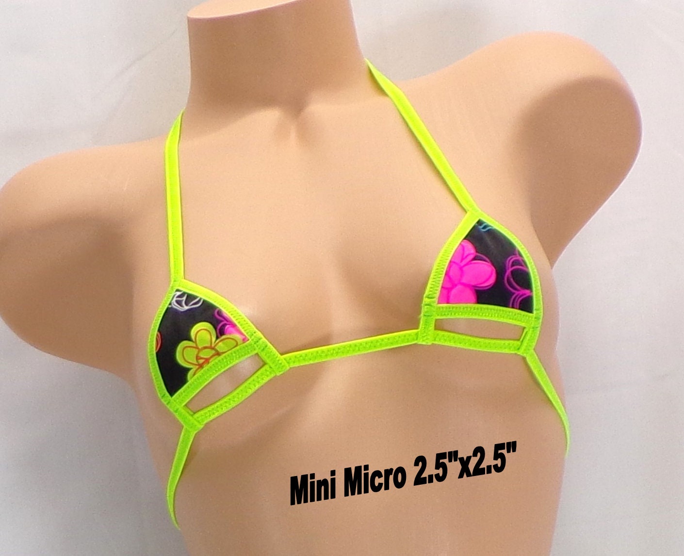 Side Tie G-string Bikini-CHOICE of Peak a Boo Top- Neon Wild Daises- Neon Green Trim-S/M - Image 4