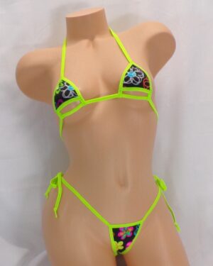 Side Tie G-string Bikini-CHOICE of Peak a Boo Top- Neon Wild Daises- Neon Green Trim-S/M