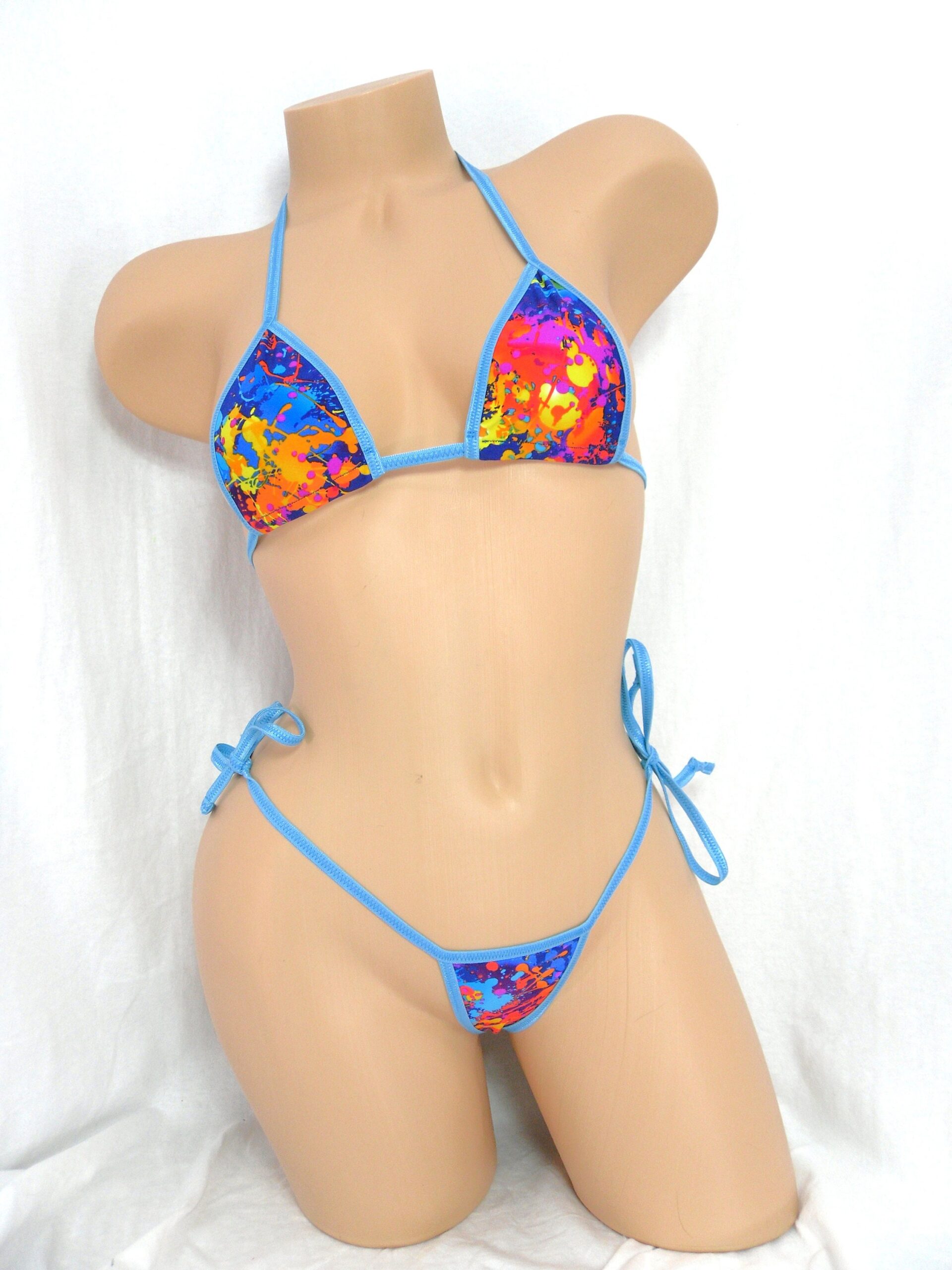 Micro Side Tie G-String Bikini- Blue Paint Splatter with Island Blue trim S/M - Image 2