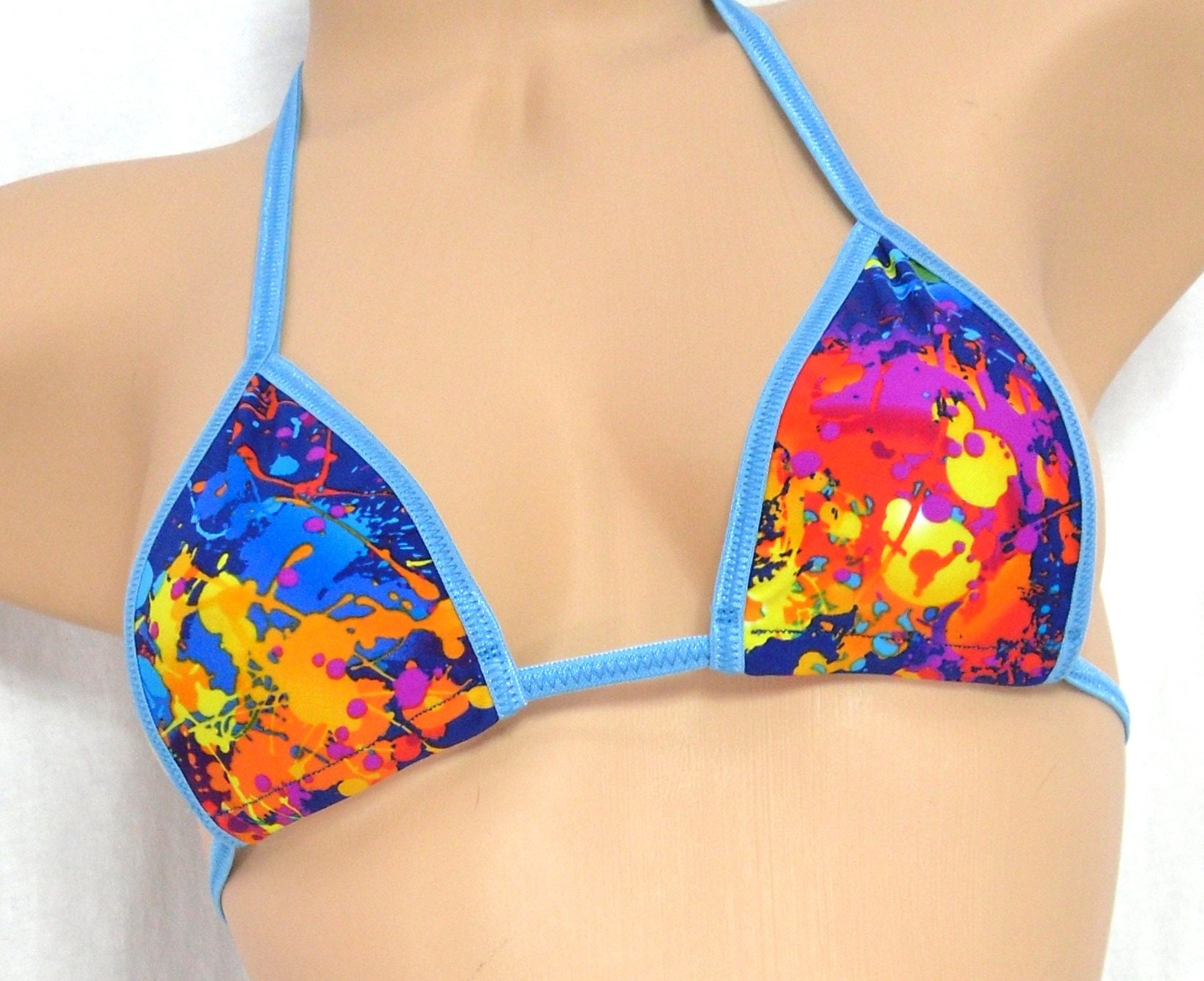 Micro Side Tie G-String Bikini- Blue Paint Splatter with Island Blue trim S/M
