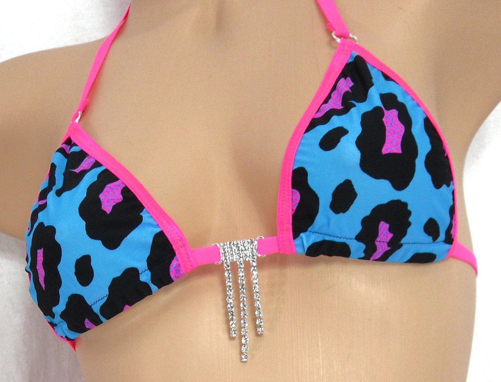 Princess G-String Bikini- Blue and Pink Animal Print-Hot Pink Trim and a Rhinestones