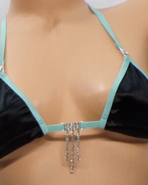 Micro G-String Bikini with RHINESTONES! Black Satin trimmed in Turquoise S/M