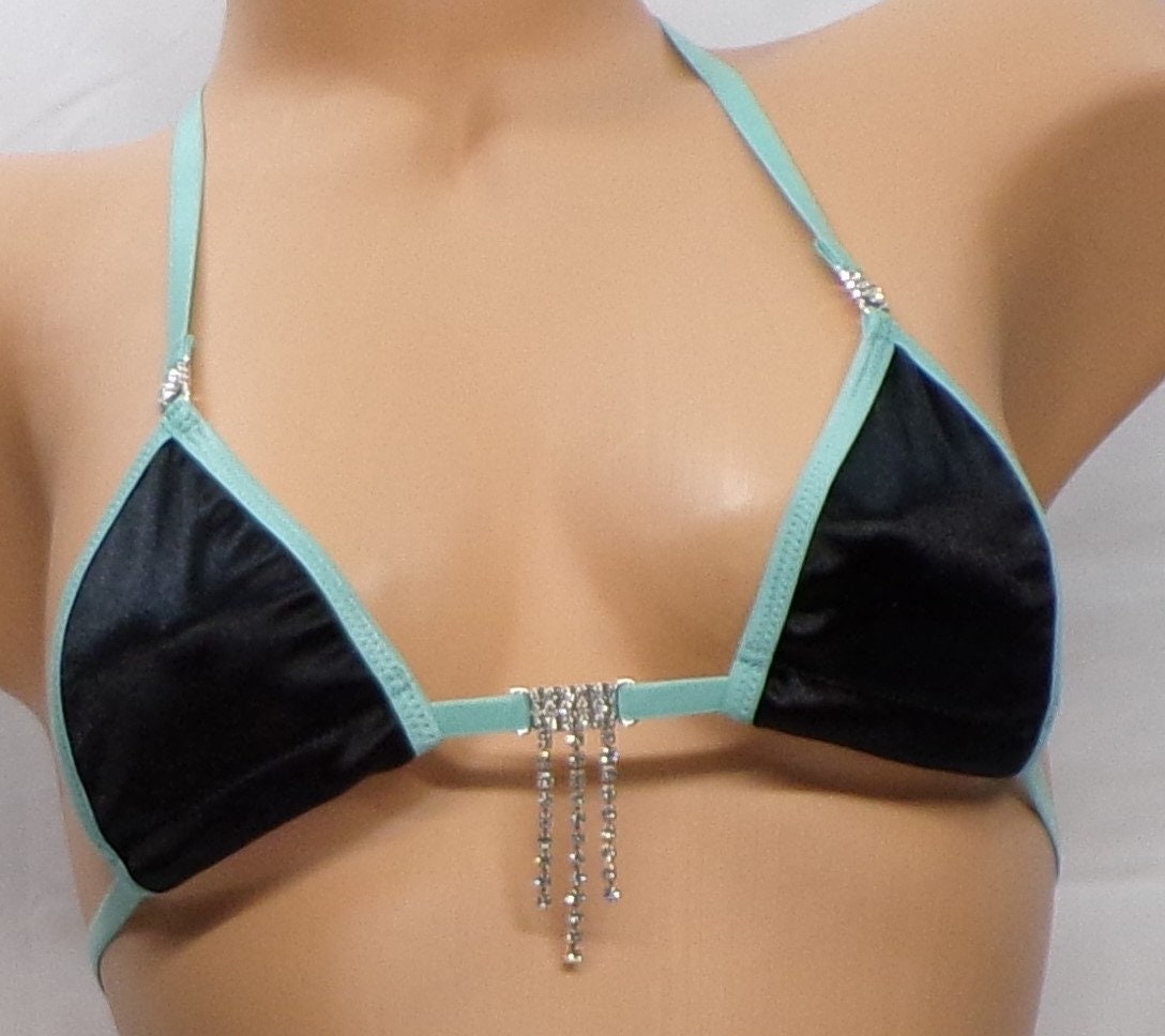 Micro G-String Bikini with RHINESTONES! Black Satin trimmed in Turquoise S/M