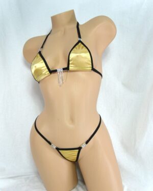 Micro Bikini with RHINESTONES! Gold Satin with black trim S/M