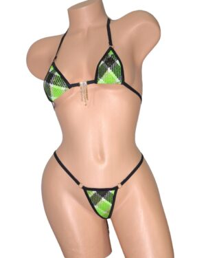 Mini Micro G-String Bikini- Green, Black and White Plaid with Gold Dots-Black Trim-Rhinestone S/M