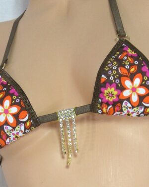 Mini Micro Side Tie G-String- 70's Flowers with Brown Trim and a Rhinestone-S/M