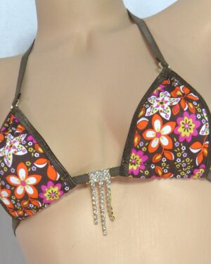 Micro Side Tie G-String- 70's Flowers with Brown Trim and a Rhinestone-S/M