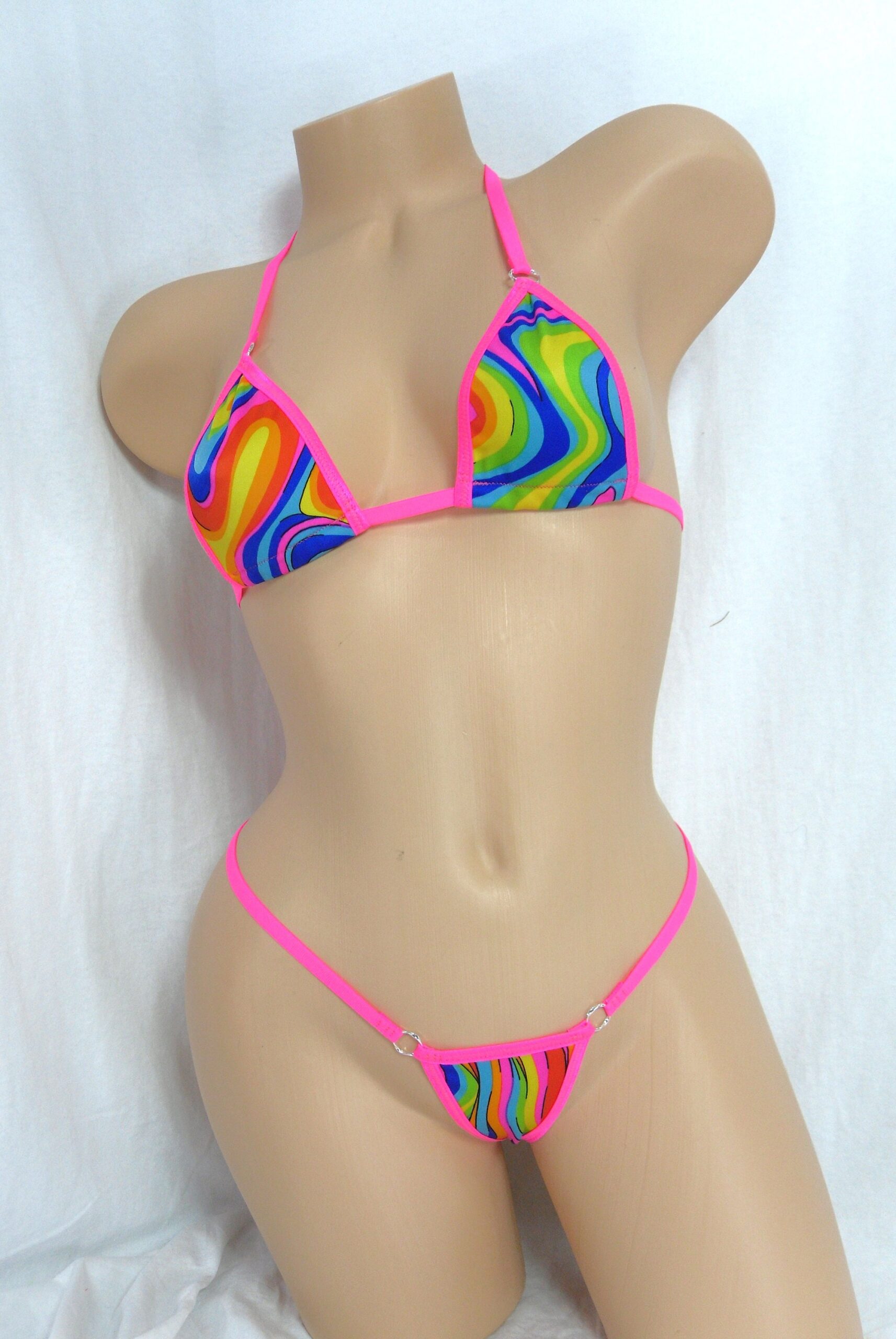 Micro G-String Bikini- Wavy Rainbow with Hot Pink Trim - Image 2