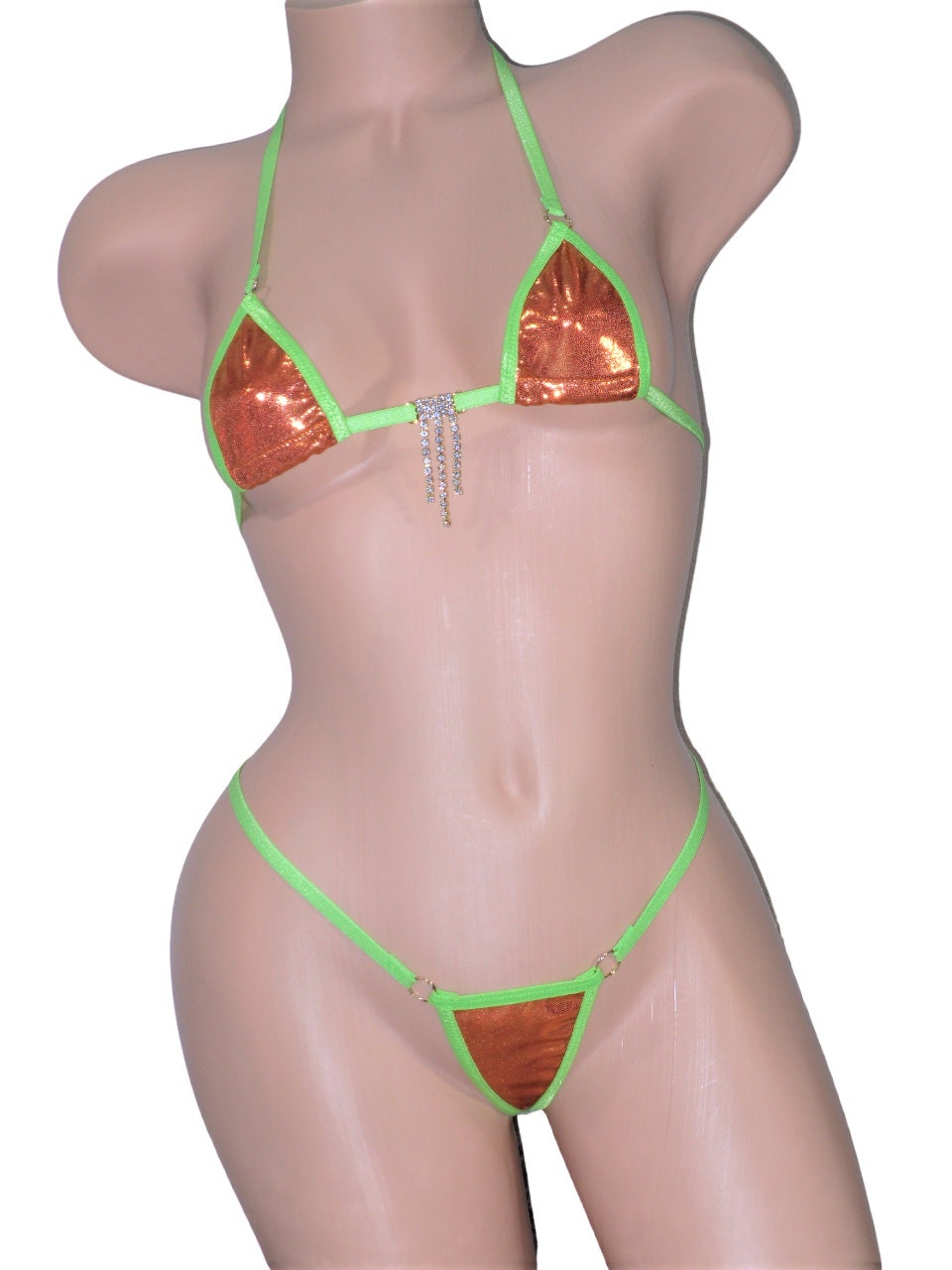 Mini Micro G-String Bikini-Choice of Bottom-Burnt Orange Mystique trimmed in Green with a Rhinestones- S/M - Image 3