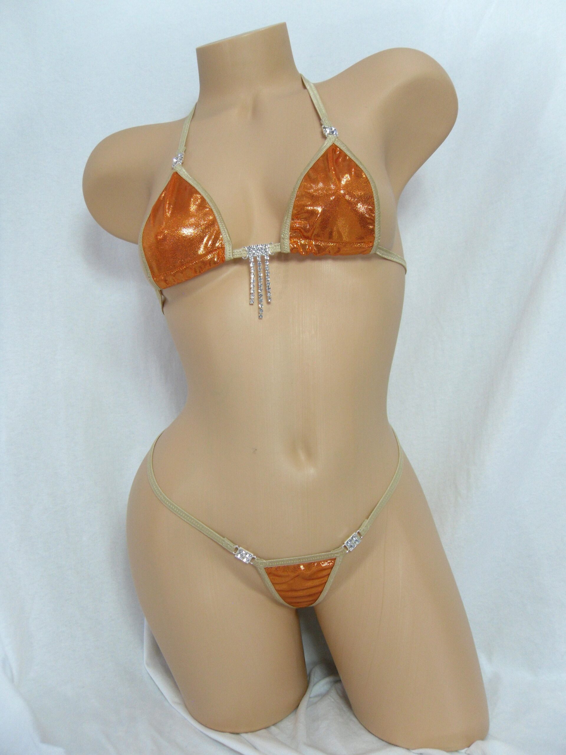 Micro G-String Bikini with RHINESTONES! Burnt Orange Mystique trimmed in Tan-S/M - Image 2